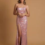 Baby Pink Beaded lace crescent moon and a high slit dress