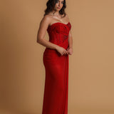 Red satin column shaped dress with high slit