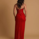 Red satin column shaped dress with  and high slit for hire