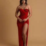 Red satin column shaped dress with  and high slit for hire