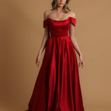 Red satin dress with off the shoulder and high slit