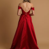 Red satin dress with off the shoulder and high slit