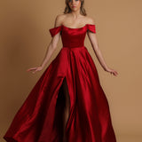 Red satin dress with off the shoulder and high slit