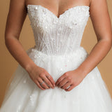 Strapless pointed neckline wedding dress for hire