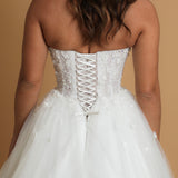 Strapless pointed neckline wedding dress for hire