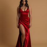 Red satin column shaped dress with v neckline