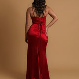 Red satin column shaped dress with v neckline