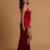 Red satin column shaped dress with v neckline