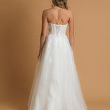 Strapless corset wedding dress with flower details for hire