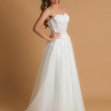 Strapless corset wedding dress with flower details for hire