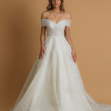 Off the shoulder lace up back wedding dress for hire