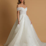 Off the shoulder lace up back wedding dress for hire