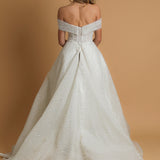 Off the shoulder lace up back wedding dress for hire