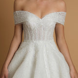 Off the shoulder lace up back wedding dress for hire