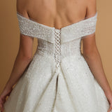 Off the shoulder lace up back wedding dress for hire