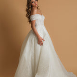 Off the shoulder lace up back wedding dress for hire