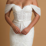 bustier cup mermaid gown with off the shoulder sleeves