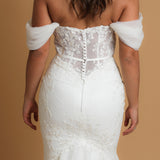 bustier cup mermaid gown with off the shoulder sleeves