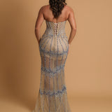 Nude sheer leg crystal chain dangling mermaid dress