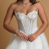 White sparkling scallop neckline with basque waist dress for hire