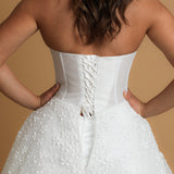 White sparkling scallop neckline with basque waist dress for hire