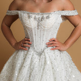 Off the shoulder lace up back wedding dress for hire