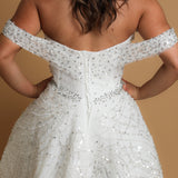 Off the shoulder lace up back wedding dress for hire