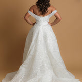 Off the shoulder lace up back wedding dress for hire