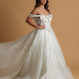 Off the shoulder lace up back wedding dress for hire