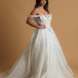 Off the shoulder lace up back wedding dress for hire