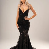 Black Sparkling lace criss-cross back mermaid dress