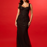 Sparkling black princess dress with square bustier top with straps for hire