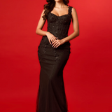 Sparkling black princess dress with square bustier top with straps for hire