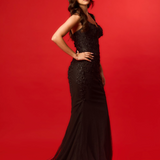 Sparkling black princess dress with square bustier top with straps for hire