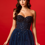 Strapless beaded navy blue princess dress