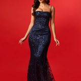 Navy blue sequin lace straight cut neckline mermaid dress