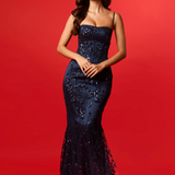 Navy blue sequin lace straight cut neckline mermaid dress