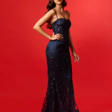 Navy blue sequin lace straight cut neckline mermaid dress