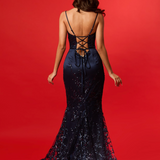 Navy blue sequin lace straight cut neckline mermaid dress