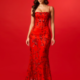 Red sequin lace straight neckline mermaid dress