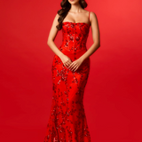 Red sequin lace straight neckline mermaid dress