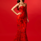 Red sequin lace straight neckline mermaid dress