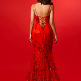 Red sequin lace straight neckline mermaid dress