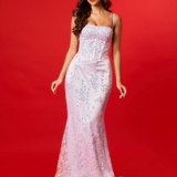 Moonlight purple sequin lace straight neckline mermaid dress