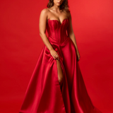 Wavy neckline scarlet Aline dress with high slit