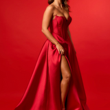 Wavy neckline scarlet Aline dress with high slit