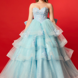 Beaded baby blue Basque waist ballgown for hire