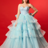 Beaded baby blue Basque waist ballgown for hire