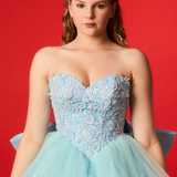 Beaded baby blue Basque waist ballgown for hire