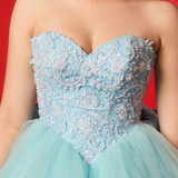 Beaded baby blue Basque waist ballgown for hire